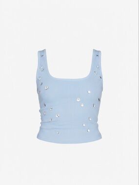 Embellished Sky Blue Ribbed Tank Top